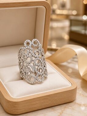 Size 7 CZ Openwork 925 Sterling Silver Statement Ring